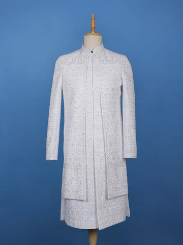 White Floral Embroidered Polyester Sherwani Suit - Diadem