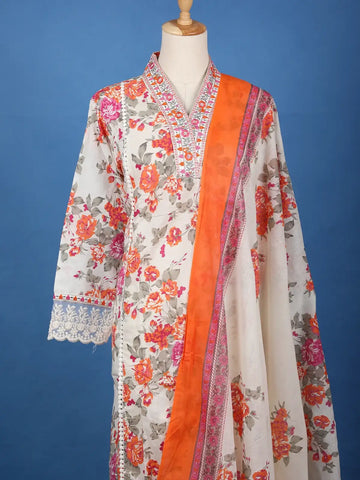 White Floral Printed Cotton Salwar Suit - Diadem