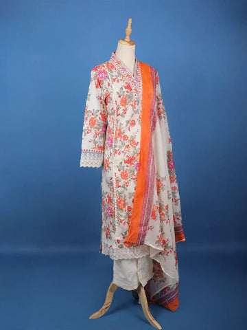 White Floral Printed Cotton Salwar Suit - Diadem