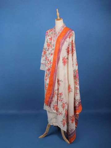 White Floral Printed Cotton Salwar Suit - Diadem