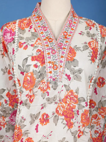 White Floral Printed Cotton Salwar Suit - Diadem