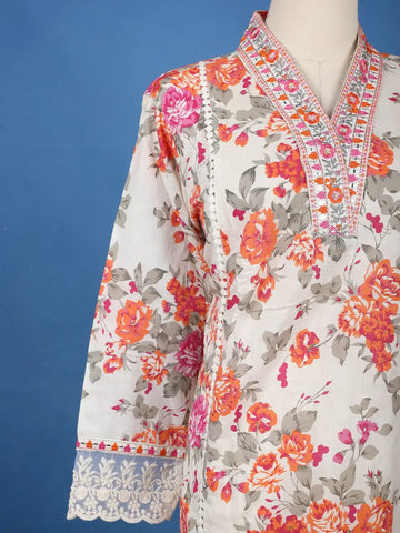 White Floral Printed Cotton Salwar Suit - Diadem