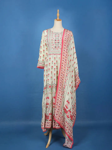 White Floral Printed Synthetic Salwar Suit - Diadem
