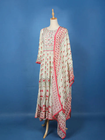 White Floral Printed Synthetic Salwar Suit - Diadem