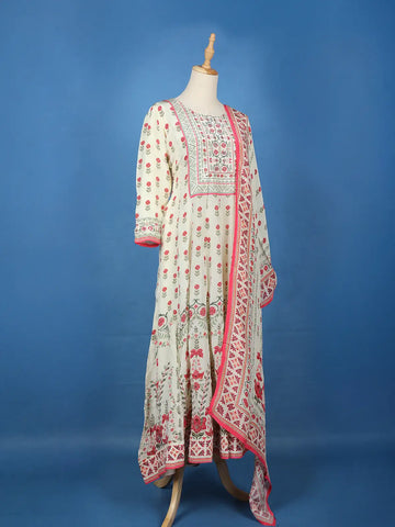 White Floral Printed Synthetic Salwar Suit - Diadem