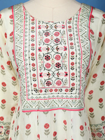 White Floral Printed Synthetic Salwar Suit - Diadem