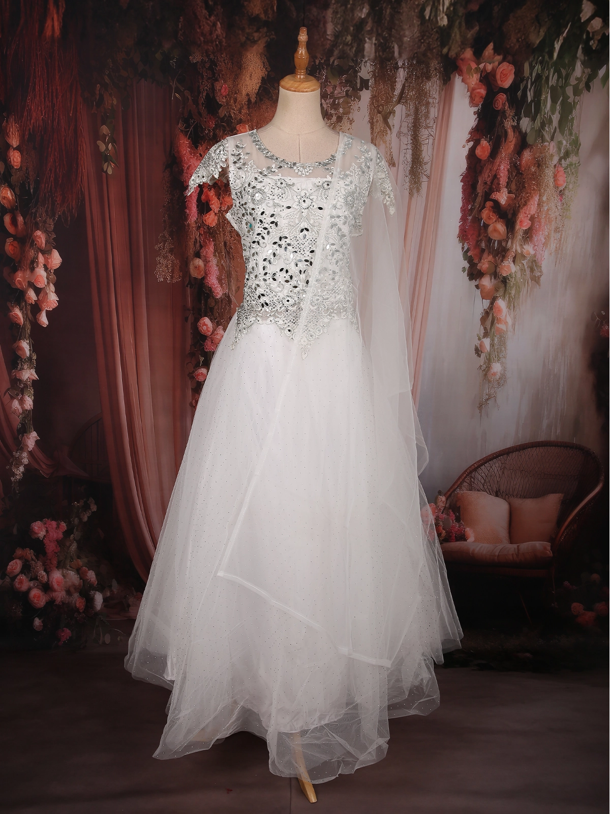 White Mirror and Stone Embellished Design Net Party Wear Gown | Diadem