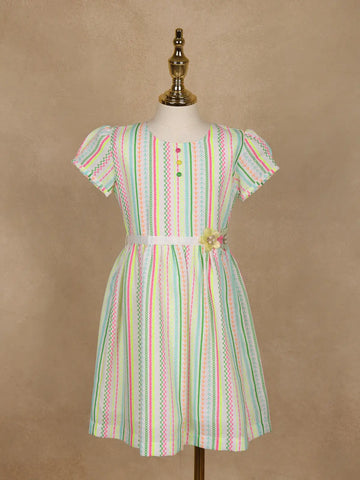 White Multicolor Striped Printed Cotton Frock With Waist Flower - Diadem