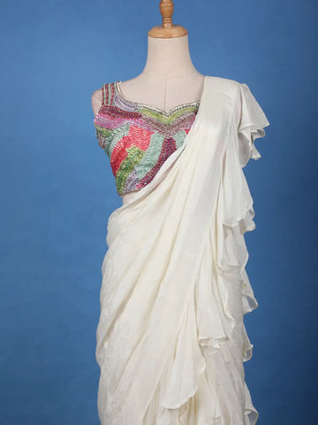 White Solid Design Ruffle Drape Cotton Ready To Wear Saree - Diadem