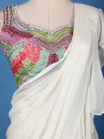 White Solid Design Ruffle Drape Cotton Ready To Wear Saree - Diadem