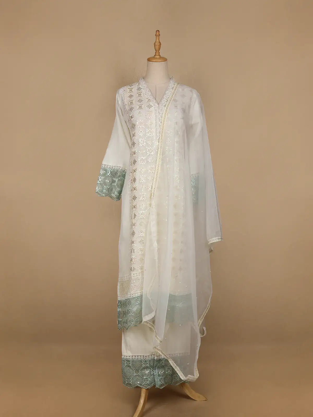 White Floral And Sequins Embroidered Cotton Straight Cut Salwar Suit - Diadem