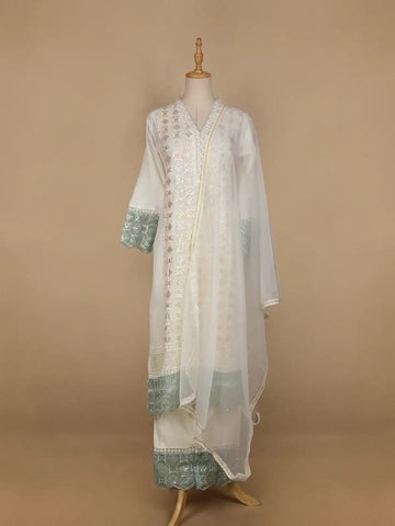White Floral And Sequins Embroidered Cotton Straight Cut Salwar Suit - Diadem