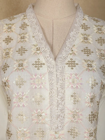 White Floral And Sequins Embroidered Cotton Straight Cut Salwar Suit - Diadem