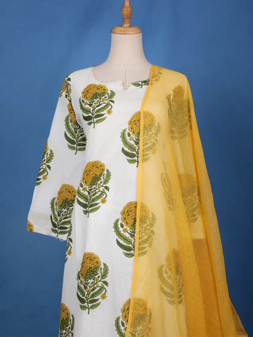 White Floral Design Printed Cotton Salwar Suit - Diadem