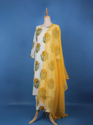 White Floral Design Printed Cotton Salwar Suit - Diadem
