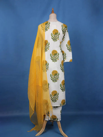 White Floral Design Printed Cotton Salwar Suit - Diadem