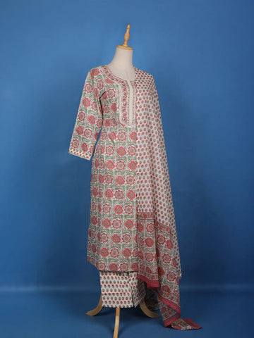 White Floral Designed Cotton Salwar Suit - Diadem