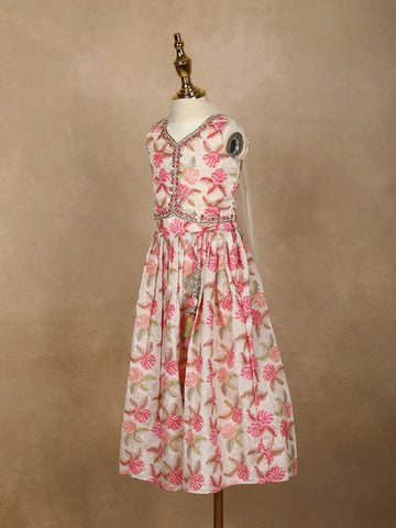 White Floral Designed Semi Silk Lehenga - Diadem