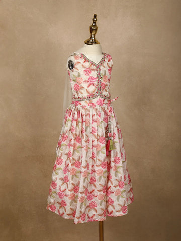 White Floral Designed Semi Silk Lehenga - Diadem