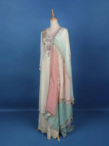 White Floral Embroidery Cotton Palazzo Salwar Suit - Diadem