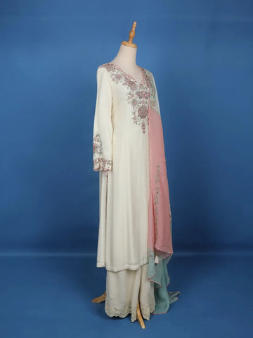 White Floral Embroidery Cotton Palazzo Salwar Suit - Diadem