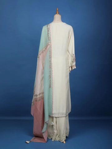 White Floral Embroidery Cotton Palazzo Salwar Suit - Diadem