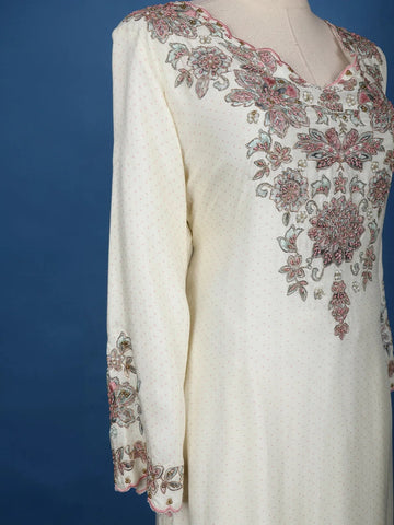 White Floral Embroidery Cotton Palazzo Salwar Suit - Diadem