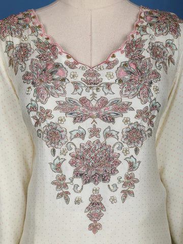 White Floral Embroidery Cotton Palazzo Salwar Suit - Diadem