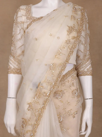 White Floral Embroidery Organza Designer Saree - Diadem