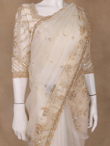 White Floral Embroidery Organza Designer Saree - Diadem