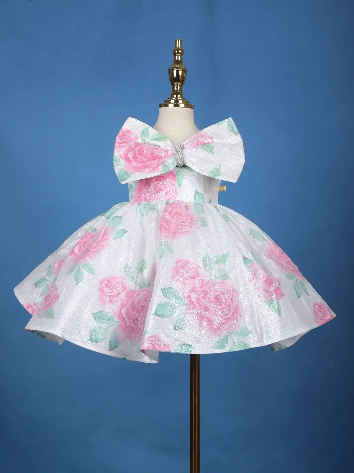 White Floral Glitter Embellished Party Net Frock with Oversized Bow - Diadem