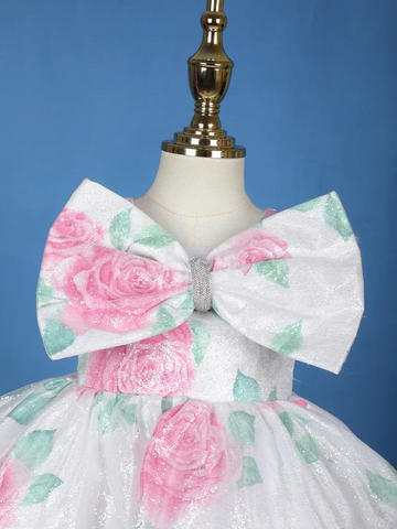 White Floral Glitter Embellished Party Net Frock with Oversized Bow - Diadem