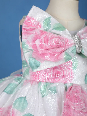 White Floral Glitter Embellished Party Net Frock with Oversized Bow - Diadem