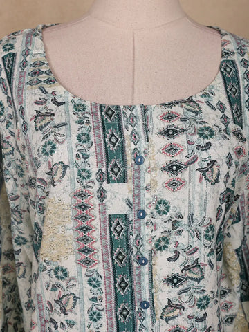White Floral Printed Cotton Kurti - Diadem