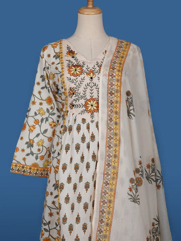White Floral Printed Cotton Salwar Suit - Diadem
