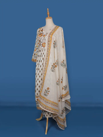 White Floral Printed Cotton Salwar Suit - Diadem