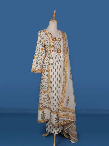 White Floral Printed Cotton Salwar Suit - Diadem