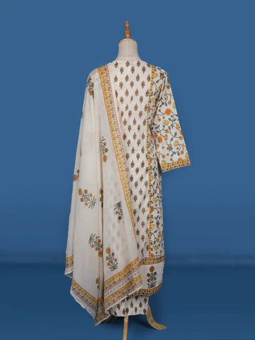 White Floral Printed Cotton Salwar Suit - Diadem