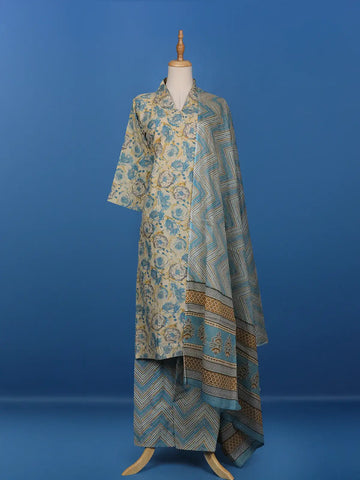 White Floral Prints Cotton Straight Cut Salwar Suit - Diadem