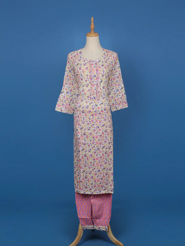 White Multicolor Floral Print Cotton Straight Salwar Suit - Diadem