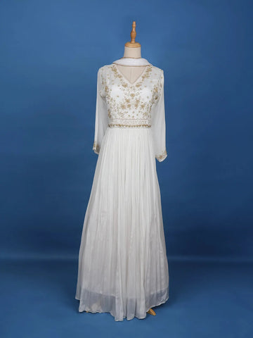 White Sequins And Floral Embroidery Crepe Gown - Diadem
