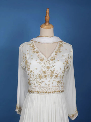 White Sequins And Floral Embroidery Crepe Gown - Diadem