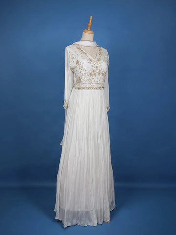 White Sequins And Floral Embroidery Crepe Gown - Diadem