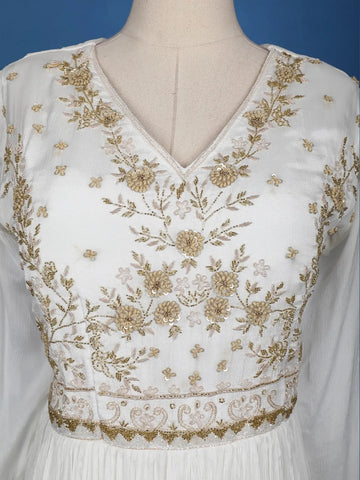 White Sequins And Floral Embroidery Crepe Gown - Diadem