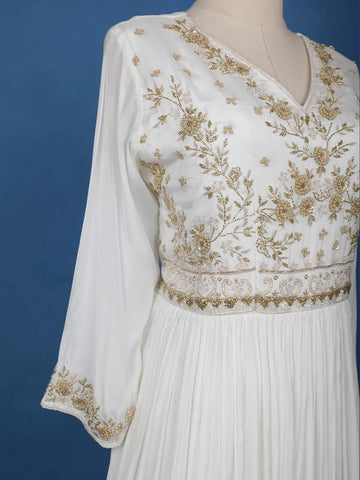 White Sequins And Floral Embroidery Crepe Gown - Diadem