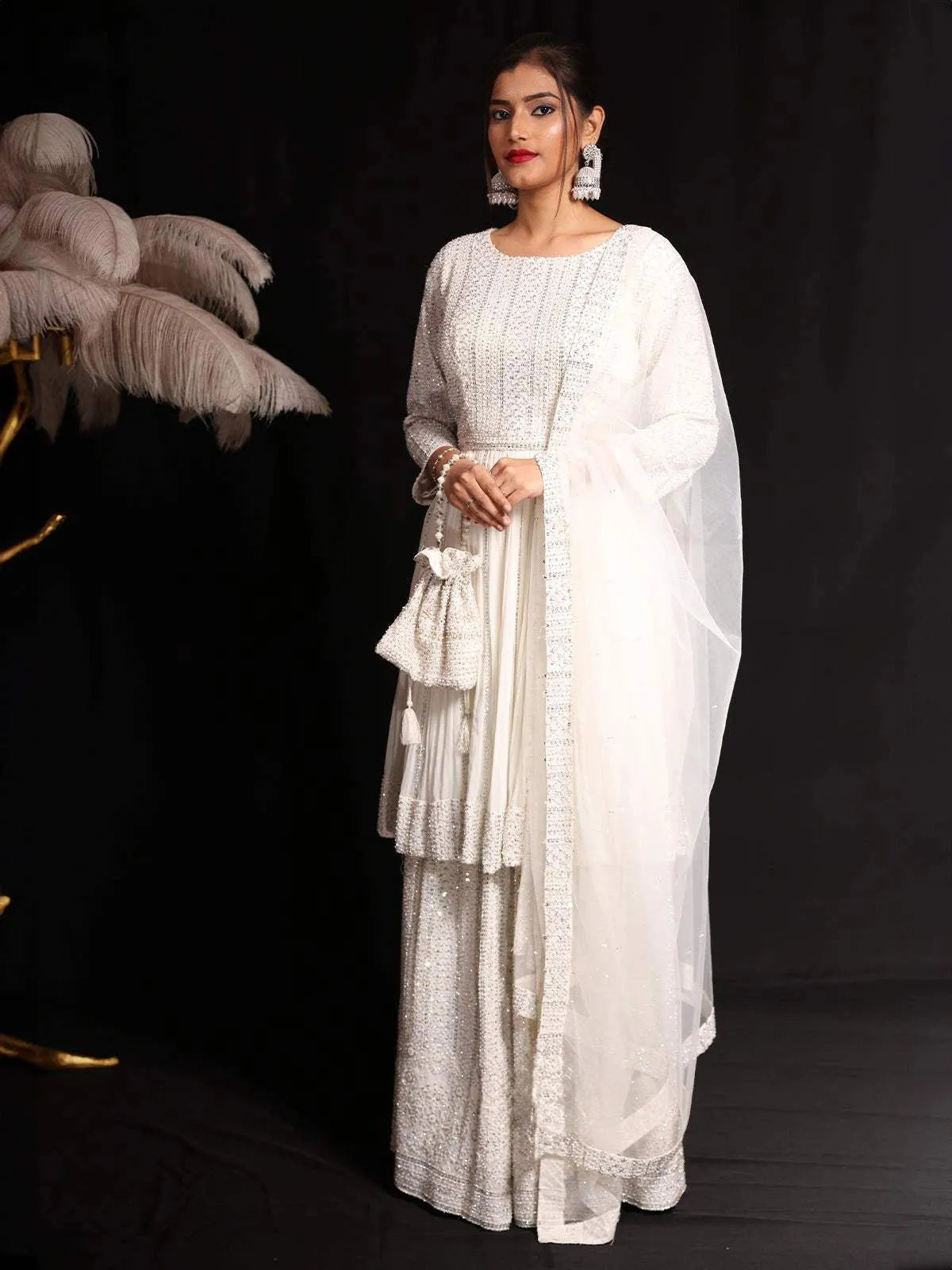 White Sequins Embroidered Georgette Palazzo Salwar Suit - Diadem