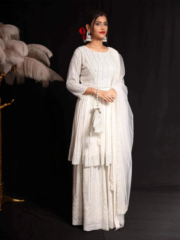 White Sequins Embroidered Georgette Palazzo Salwar Suit - Diadem