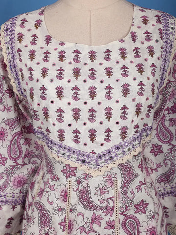 White and Purple Paisley Floral Printed Cotton Salwar Suit Set - Diadem