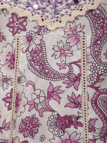 White and Purple Paisley Floral Printed Cotton Salwar Suit Set - Diadem