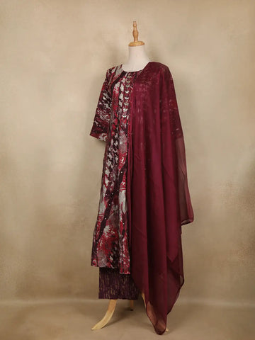Wine Abstract Printed Cotton Salwar Suit With Dupatta - Diadem